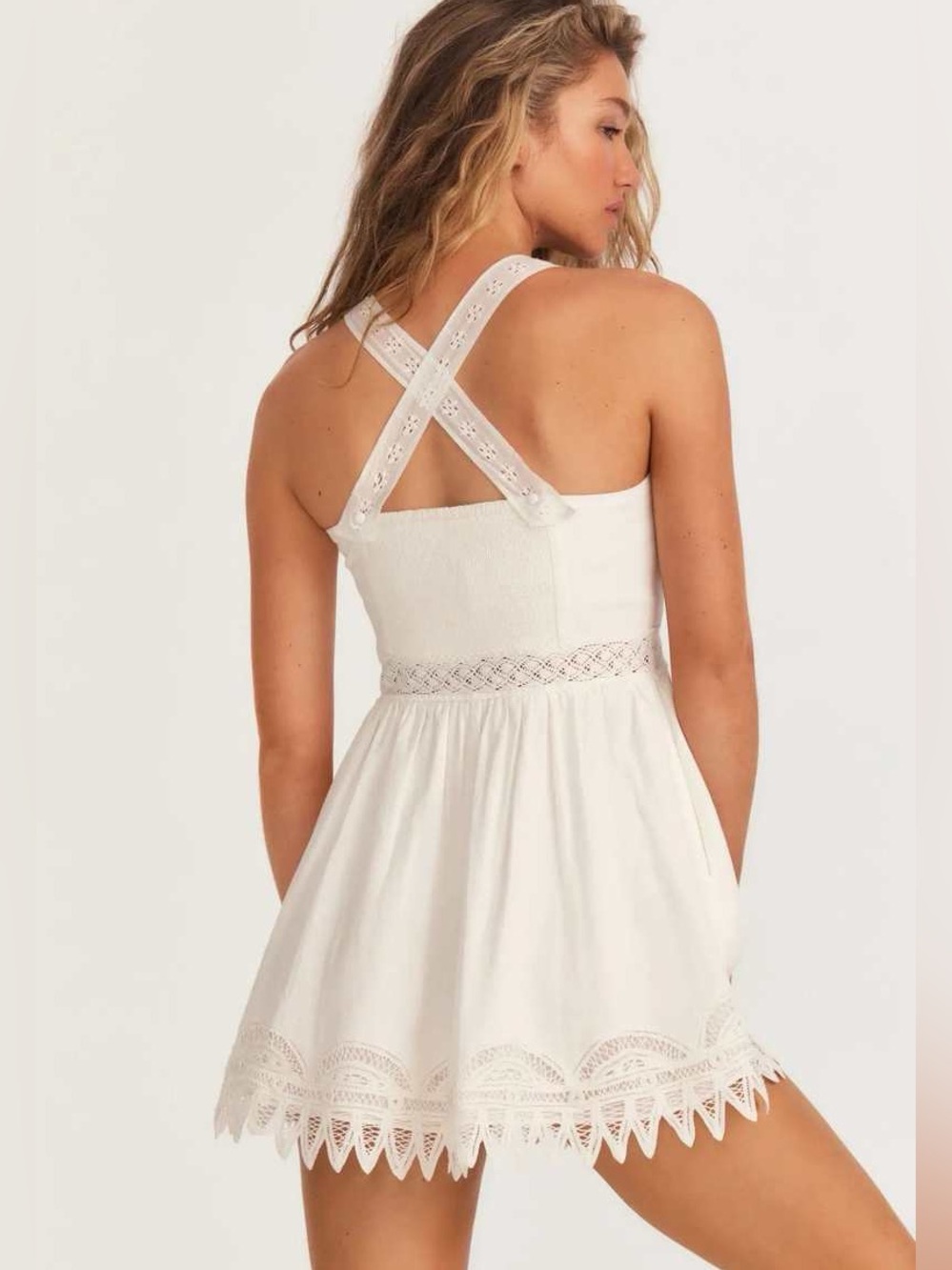 NWT White Eyelet Lace Mini Dress Cross Back Pockets Cottagecore Size Large. - Picture 4 of 14
